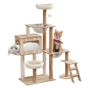A dual-acrylic pod wooden cat tree with a cozy condo and ladder, ideal for compact apartments.