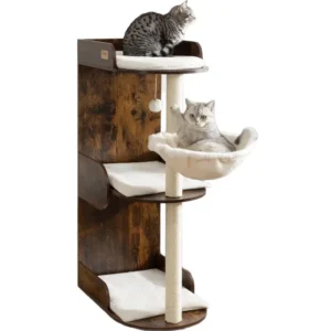 A compact wooden cat tree with three plush platforms and a hammock, ideal for small-space cat furniture.