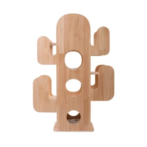 A cactus-shaped solid wood cat tree with staggered platforms and cutouts, ideal for modern artistic interiors.