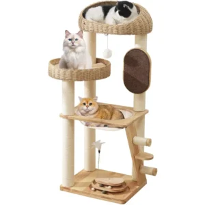 A modern rattan cat tree with dual wicker nests and an acrylic pod, ideal for boutique cat furniture.