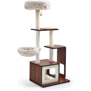 A compact modern cat tree with hammock and white base, ideal for small apartments.