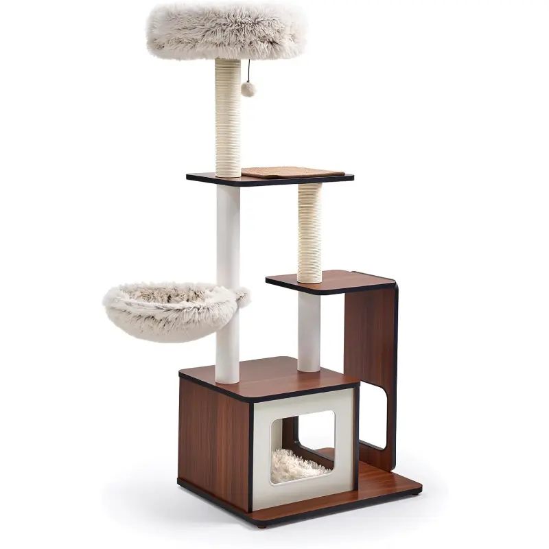 A compact modern cat tree with hammock and white base, ideal for small apartments.