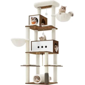 A modern multi-level cat tree with dual condos and hammocks, ideal for large multi-cat households.