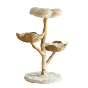 A natural wood cat tree with rattan baskets and plush top, ideal for premium eco-friendly pet furniture.
