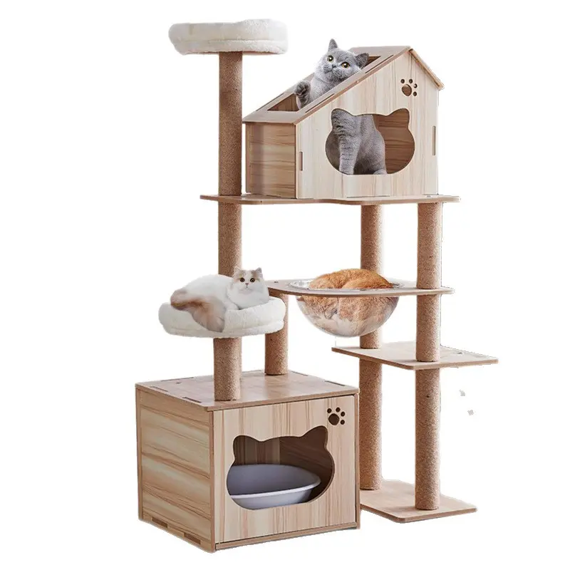 A modern wooden cat tree with A-frame cabin and acrylic pod, ideal for space-saving cat furniture.