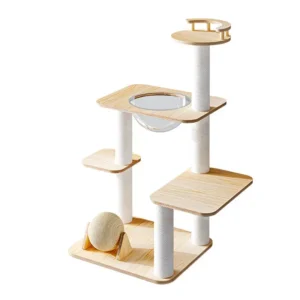 A compact white sisal cat tree with acrylic bowl and base ball toy, ideal for small urban apartments.