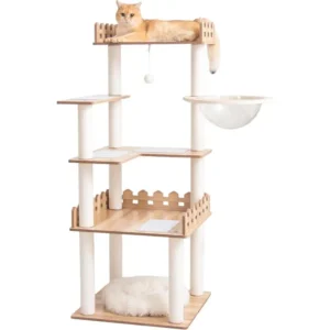 A modern wooden cat tree with white sisal columns and acrylic bowl, ideal for stylish apartments.
