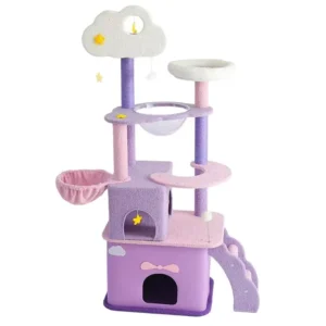 A whimsical pastel cat tree with cloud top and acrylic pod, ideal for stylish urban pet homes.