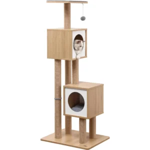 A modern stacked cat tree with white front panels and sisal posts, ideal for narrow spaces.