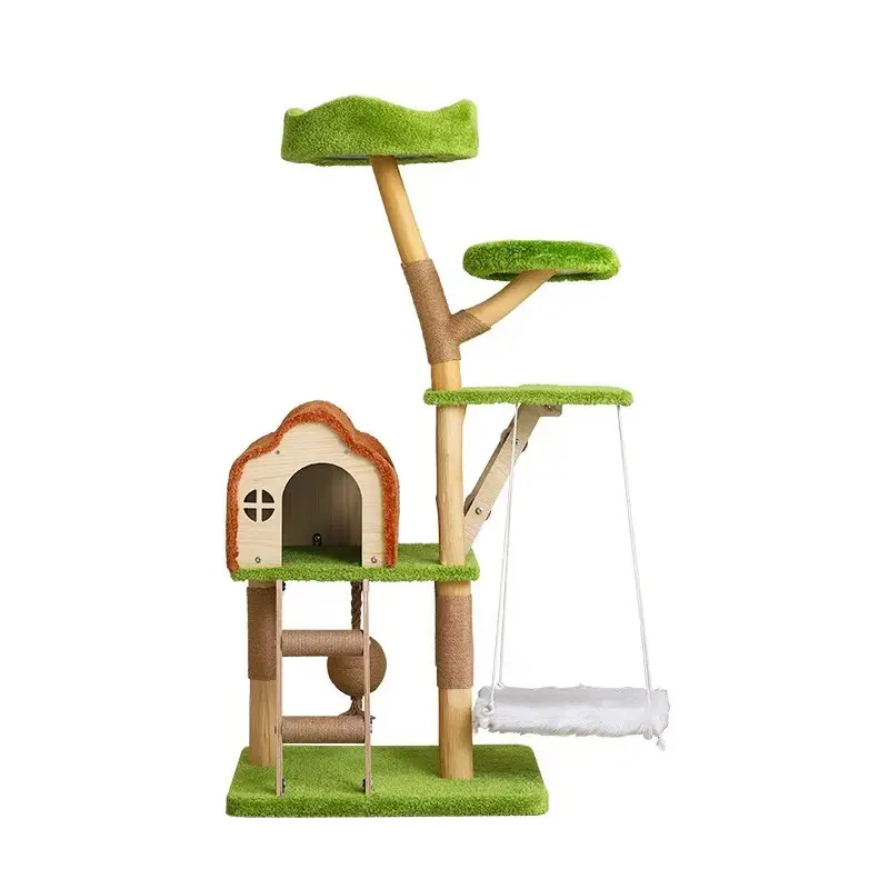 A nature-inspired cat tree with mushroom cabin and green platforms, ideal for playful multi-cat homes.