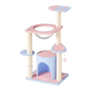 A pastel cat tree with acrylic bowl and arched condo, ideal for medium-sized cats in small spaces.