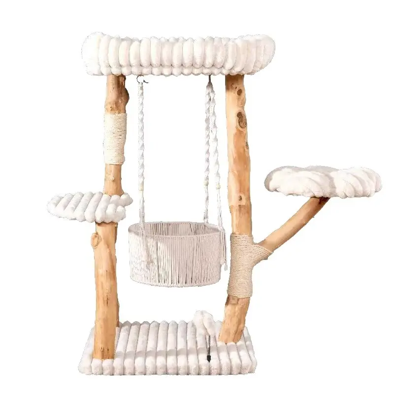 A natural branch cat tree with woven swing basket and striped plush platforms, ideal for premium pet furniture collections.