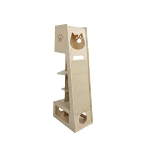 A sloped wooden cat tree with cat-face cutout and bottom tunnel, ideal for modern compact spaces.