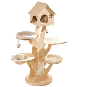 A nature-inspired wooden cat tree with a tree-branch frame, acrylic pod, and white sisal scratching panel.