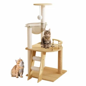 A compact wooden cat tree with acrylic pod and safety railing, ideal for micro-apartments.