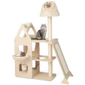 A modern wooden cat tree with geometric house design and multiple platforms, ideal for multi-cat households.