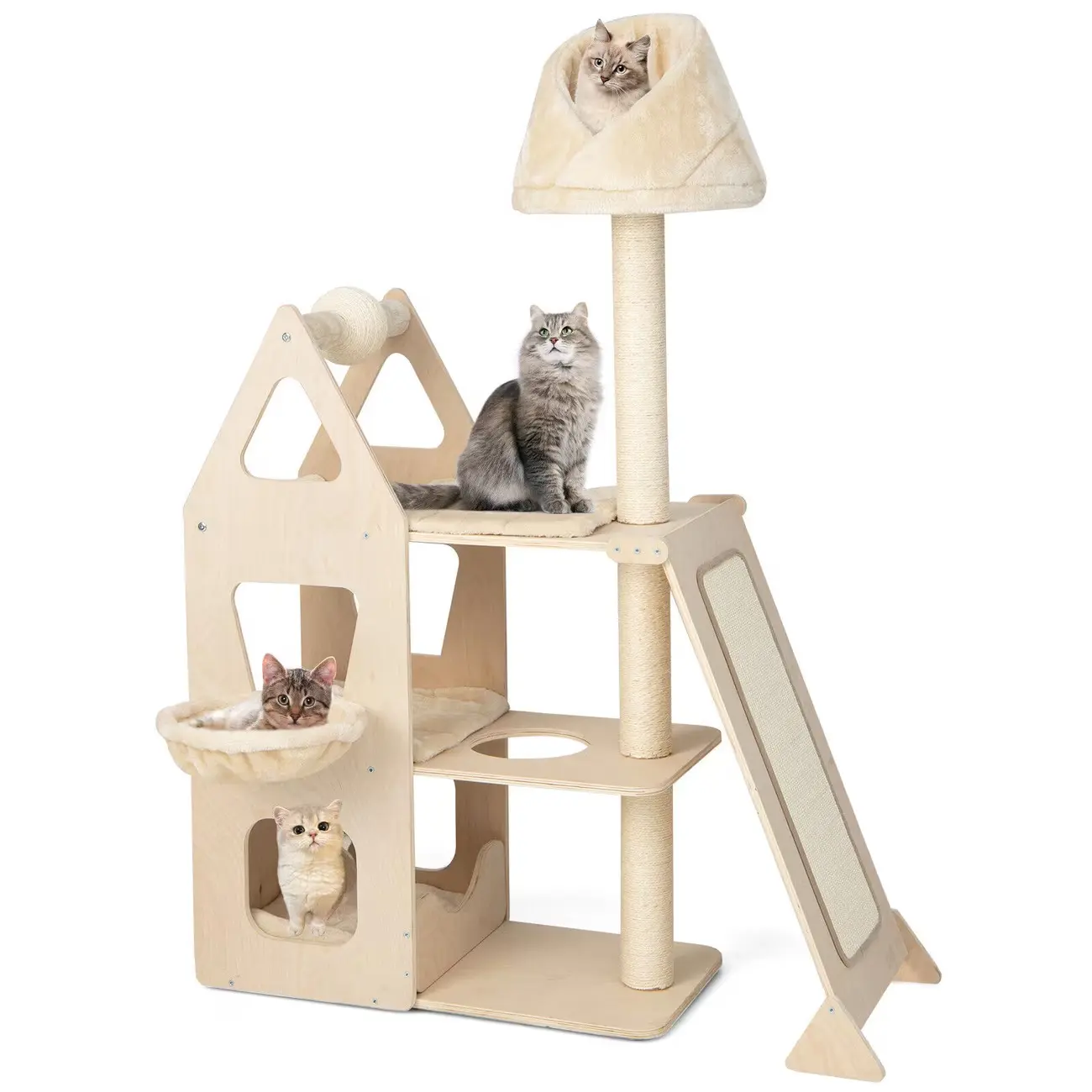 A modern wooden cat tree with geometric house design and multiple platforms, ideal for multi-cat households.