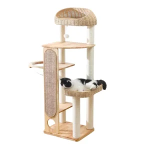 A modern wooden cat tree with wicker baskets and elongated scratching panel, ideal for multi-cat households.