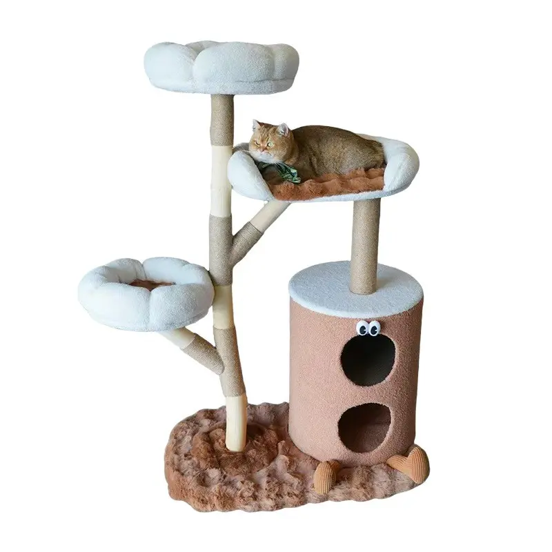 A whimsical tree stump cat tree with natural branches and plush perches, ideal for playful modern homes.