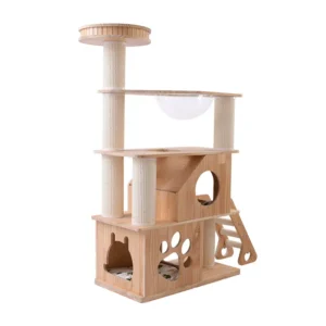 A dual-cabin wooden cat tree with an acrylic pod and climbing ladder, ideal for multi-cat households.