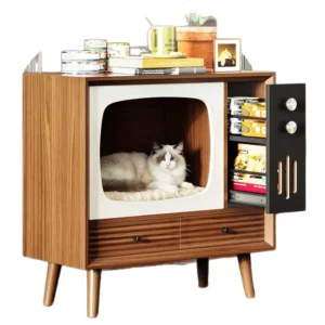 Retro TV Stand Cat Hideaway with Drawers