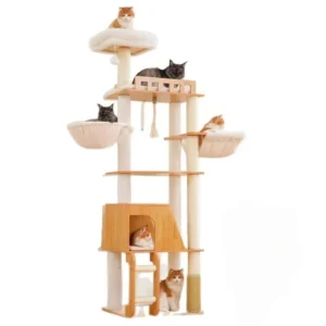 A modern wooden cat tree with dual hammocks and a step ladder, ideal for multi-cat households.