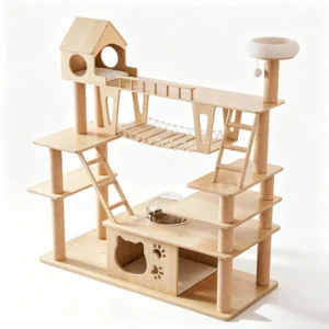 A large wooden cat tree with suspension bridge, treehouse, and acrylic dome for multi-cat households.