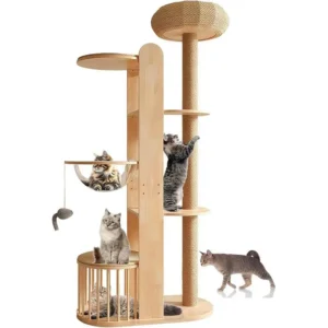 A solid wood cat tree with wicker baskets and acrylic pod, ideal for multi-cat households.
