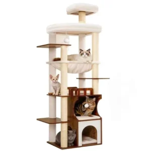 A tall wall-anchored cat tree with dual observatories and hammock, ideal for space-saving indoor cat furniture.