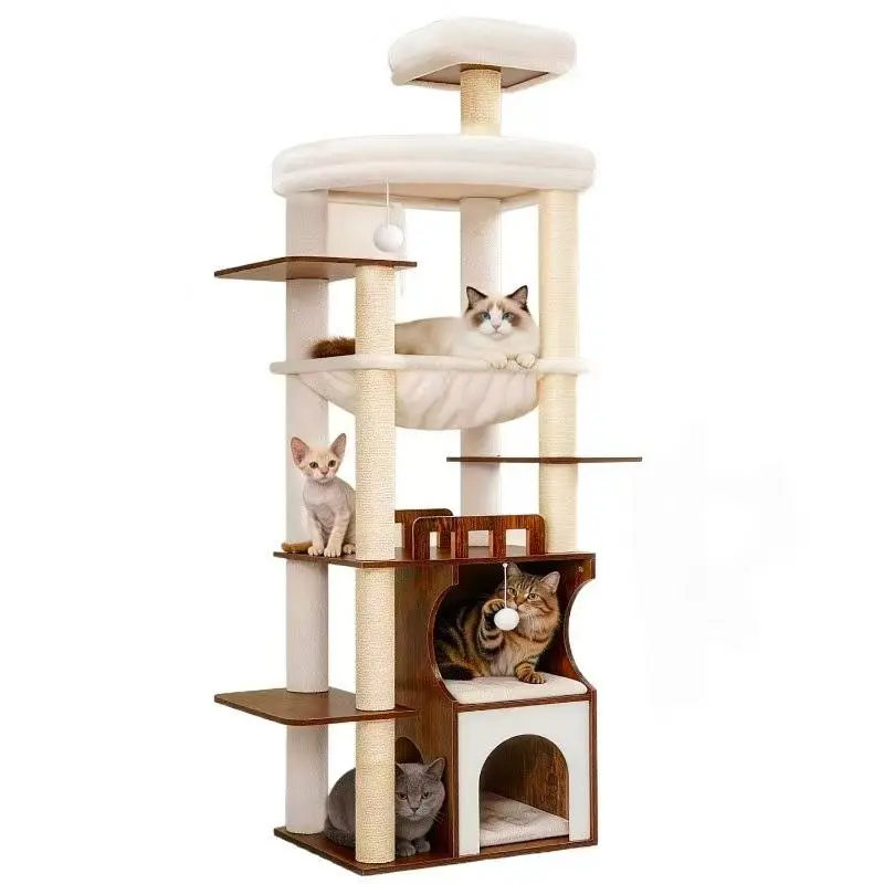 A tall wall-anchored cat tree with dual observatories and hammock, ideal for space-saving indoor cat furniture.
