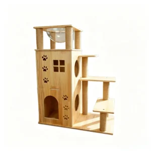 A wooden villa cat tree with acrylic observatory pod and paw-print cutouts, ideal for modern homes.
