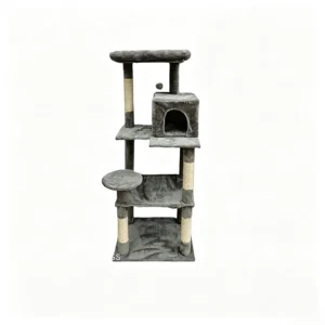 A classic grey multi-level cat tree with condo, hammock, and sisal posts, ideal for multi-cat households.