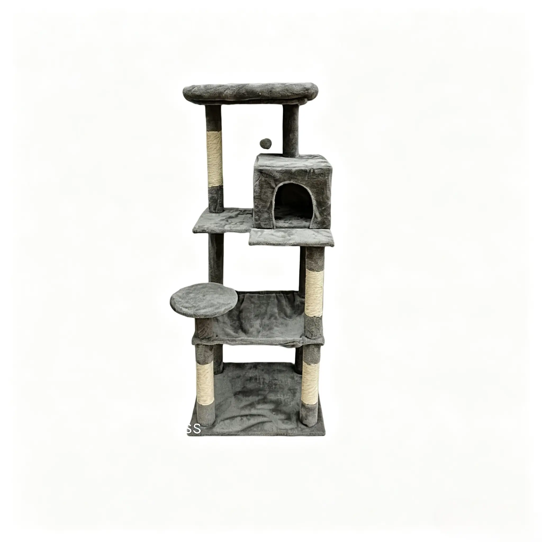 A classic grey multi-level cat tree with condo, hammock, and sisal posts, ideal for multi-cat households.