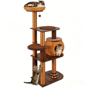A dark wood wicker cat tree with globe condo and track ball, ideal for rustic home décor.