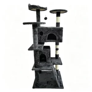 A charcoal grey double-condo cat tree with access ramp, ideal for multi-cat households.