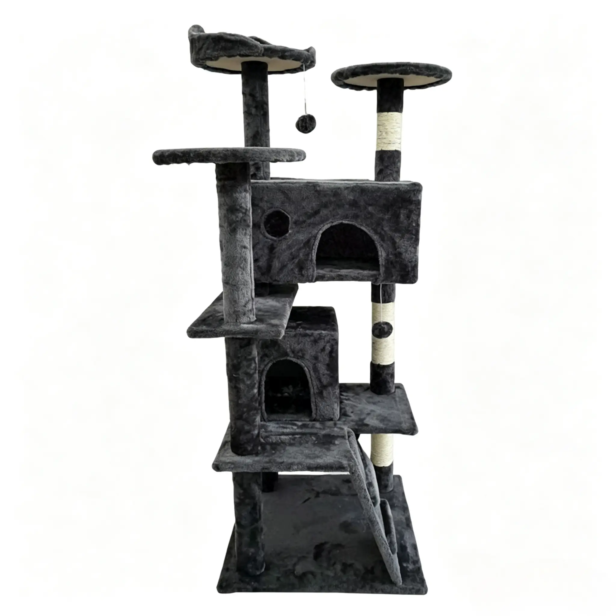 A charcoal grey double-condo cat tree with access ramp, ideal for multi-cat households.