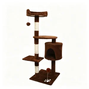 A two-tone brown cat tree with white sisal posts and cylindrical condo, ideal for space-conscious homes.