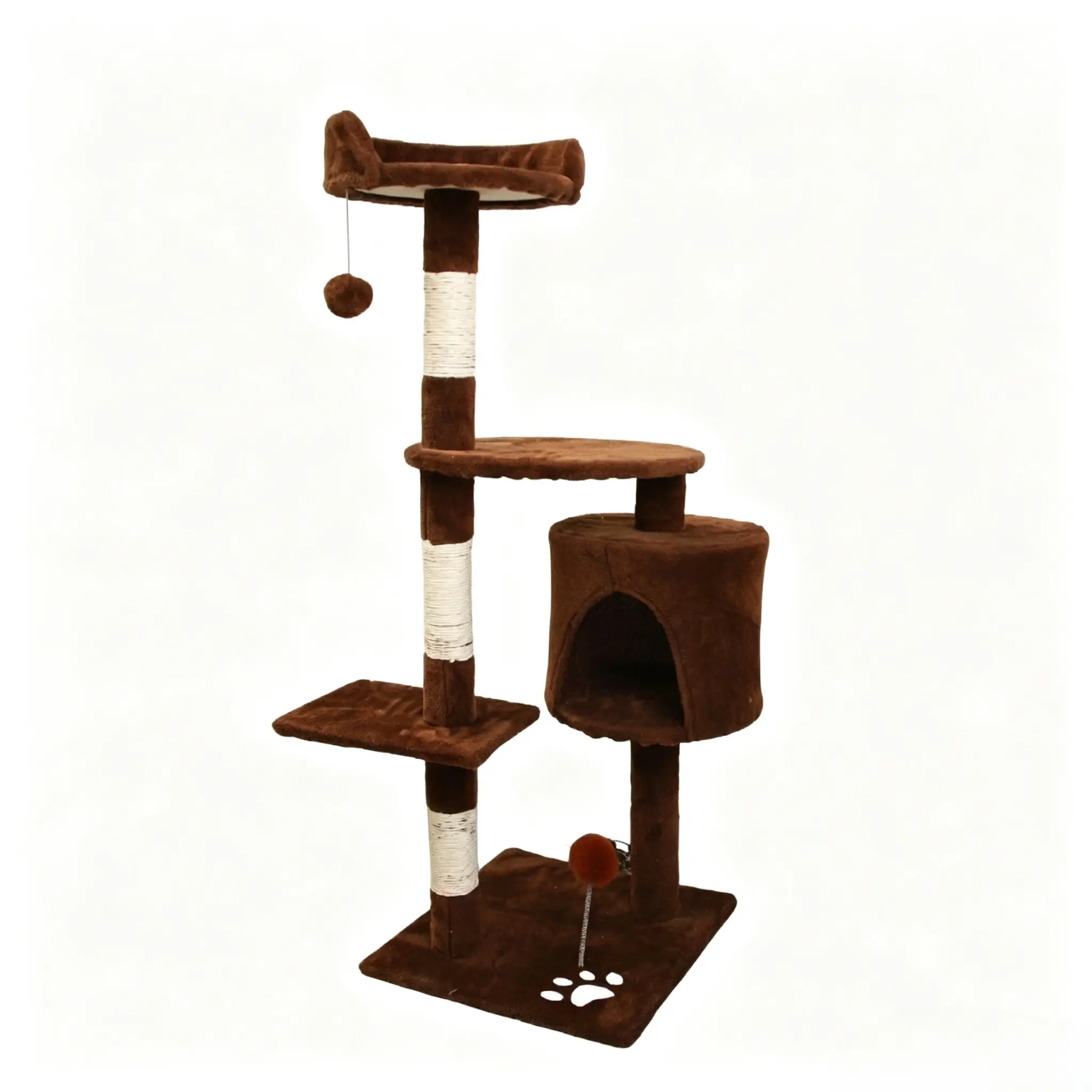 A two-tone brown cat tree with white sisal posts and cylindrical condo, ideal for space-conscious homes.