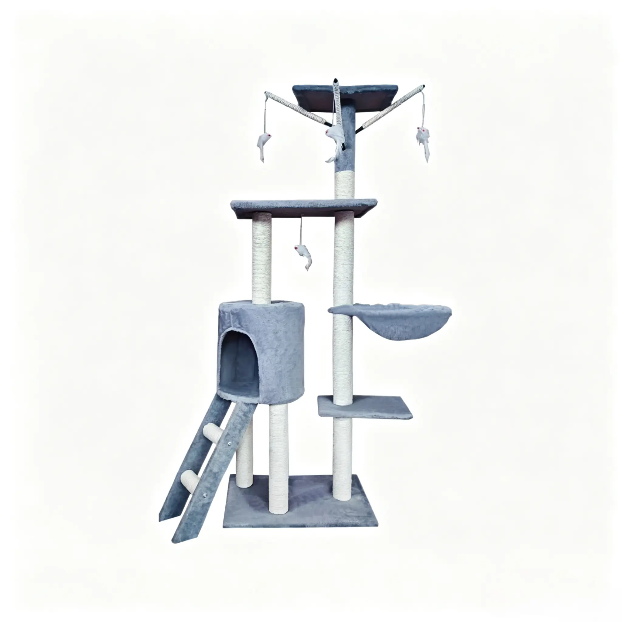 A slate grey interactive cat tree with fixed fish toys and a cylindrical condo, ideal for compact spaces.