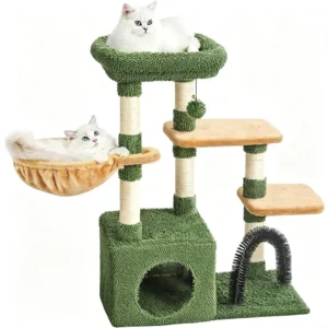 A green textured compact cat tree with hammock, condo, and arched grooming brush, ideal for small spaces.