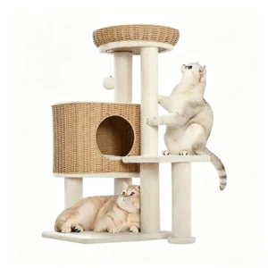 A compact wicker cat tree with plush accents and basket perch, ideal for small stylish spaces.